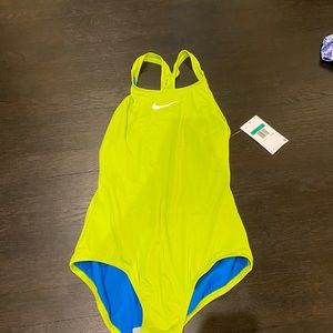 Neon green, bathing suit, one piece with open back and blue inside